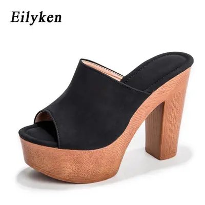 (black, 40) Eilyken Fashion Wood Grain High Heels New Women Slippers Summer Roman Peep Toe Platf