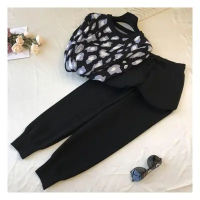 (black, XXL) 2pcs/set Women Knit Leopard Pullover Sweaters+pants Sets Woman Fashion Jumpers Trou