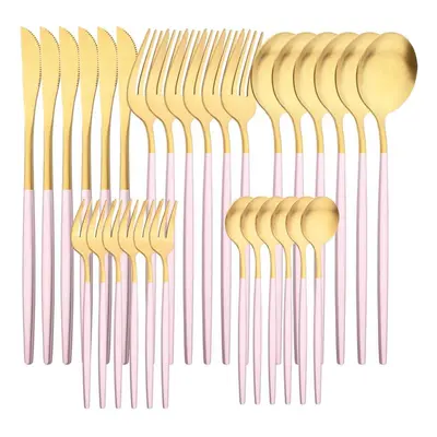 (pink,gold) 6people Matte Gold Dinnerware Set 30pcs/set Dinner Knife Cake Fork Spoon Tableware S