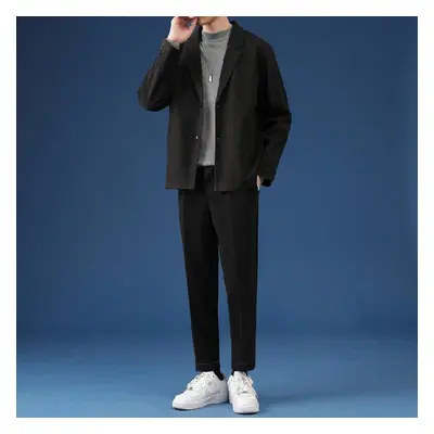 (black, M) Male Casual Suit Blazer Set Streetwear Stylish Korean Pieces Sets With Pants Spring O