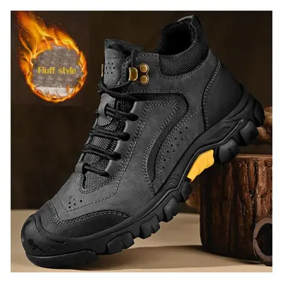 (grey,black, 42) Men&apos;s Cowhide Snow Boots Non-slip Sports Breathable Bare Boots Outdoor Hik