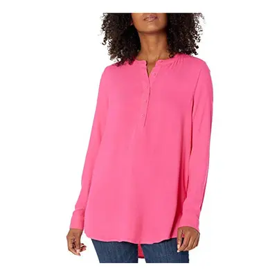 Womens Long-Sleeve Woven Blouse, Bright Pink, X-Large