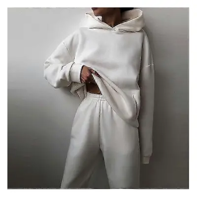 (S, White) New Women's Fashion Solid Sets Warm Hoodie Sweatshirts And Long Pant Loose Ladies Spo