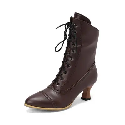 (brown, 35) Annymoli Women Ankle Short Boots Pointed Toe Block High Heels Lace-up Zipper Combat 