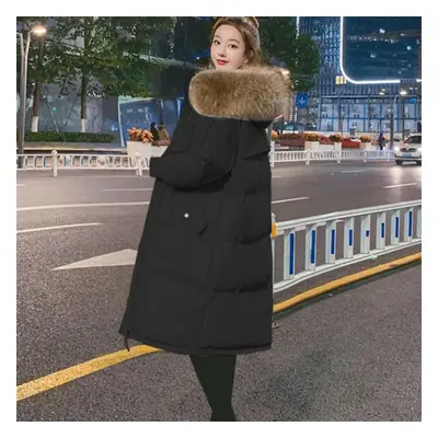 (black, L) Down Jacket Winter Korean Fashion Big Fur Collar Mid-length Hooded Thick Warm Large S