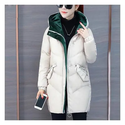 (beige, M) Outerwear Female Hooded Parka Green Long Jackets Warm Base Coats Women Winter Cotton 