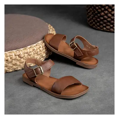 (coffee, 35) Johnature Simple Genuine Leather Flat Sandals Hook&loop Solid Color Soft Sole Versa