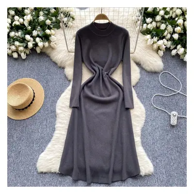 (dark grey, One Size) Vintage Elegant O Neck Lool Sleeve Knit Korean Fashion Sweet Dress Women B