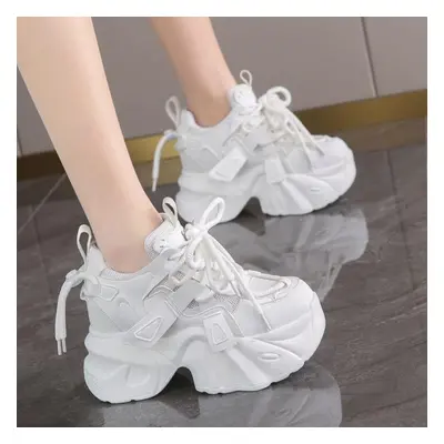 (white, 36) Women Chunky Sneakers Thick Bottom Leather Shoes High Platform Vulcanize Shoes Bling