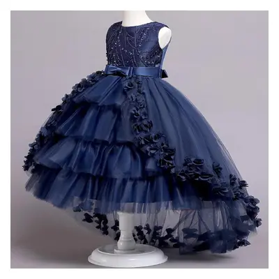 (navy blue, 110) Baby Lace Princess Dress For Girl Elegant Birthday Party Trailing Dress Baby Gi