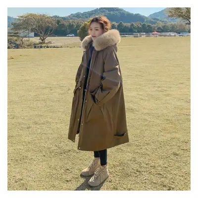 (brown, L) Women Winter Cotton Padded Jacket With Plush Thickened Padded Long Parka Jacket Faux 