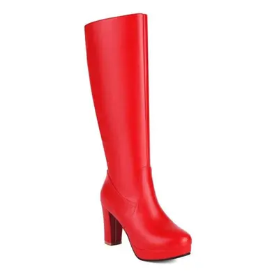 (red, 38) Annymoli Women Knee High Long Boots Round Toe Thick High Heels Zipper Platform Gogo Bo