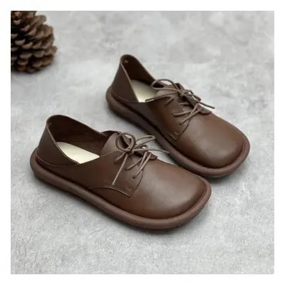 (coffee, 39) Johnature Genuine Leather British Style Handmade Round Toe Lacing Flat Shoes Casual