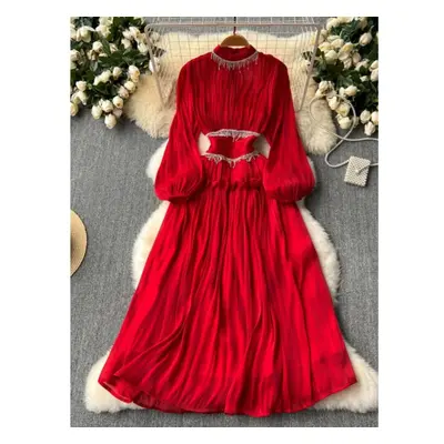 (red, M) New Elegant Stand Collar Lantern Sleeve Mujer Slim Fit Ruched Big Swing Heavy Robe Tass