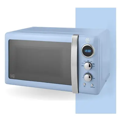 (Blue) Vintage LED digital microwave with glass turntable, power levels and defrost setting, 20L