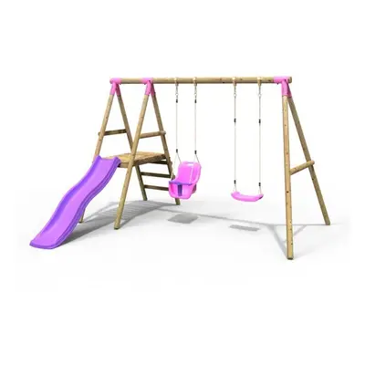 Rebo Odyssey Wooden Garden Swing Set with Standard Seat, Baby Seat, Platform and Slide - Pink