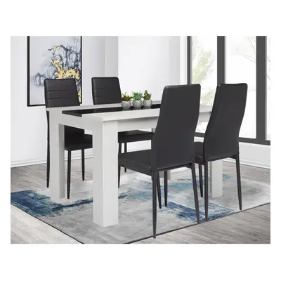 (White Table & Black Chairs) Wood Dining Table and Chairs Set of Pu Leather Seat Kitchen Room Fu