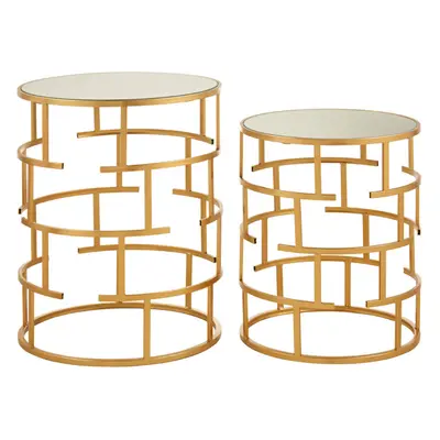 Premier Housewares Set Of Round Bedside Table For Lamp Mirror Tops With Gold Finish Tables For L