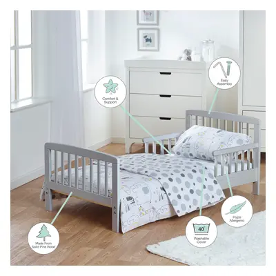 Grey toddler bed with Kinder Flow Mattress Safari Friends Bedding 7pc