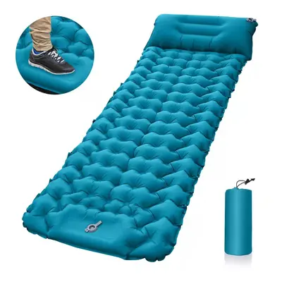 (Peacock Blue) Outdoor Camping Sleeping Pad Portable Foam Inflatable Mattress With Pillows Beach