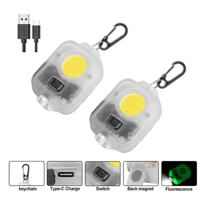 (2 pack White) Mini LED Keychain Flashlight Ultra Bright COB Key Ring Torch Light Rechargeable 5