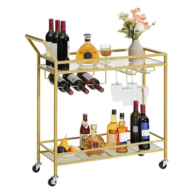 Bar Cart, Bar Trolley, Kitchen Trolley on Wheels, Serving Trolley with Glass Shelf, Wine Rack an