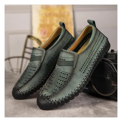 (green, 44) Men&apos;s Genuine Leather Casual Shoes Slip On Hollow Shoes Summer Large Size