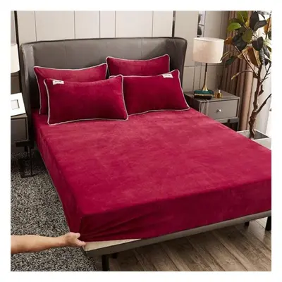 (wine red, Bed sheet (180x200x25cm)) Velvet Queen/king Bed Sheet Protector Fitted Winter Mattres