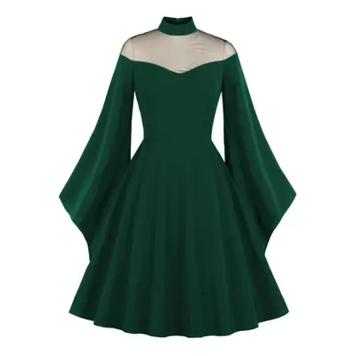 (dark green, M) Halloween Dress For Women Cosplay Witch Mesh Shoulder Trumpet Sleeve Gothic Retr