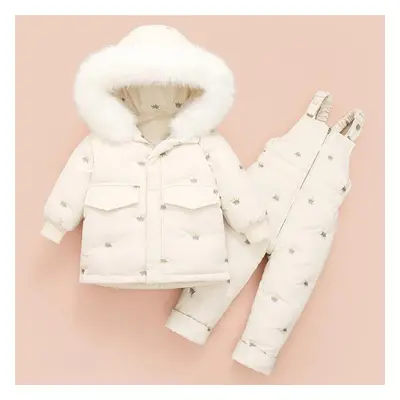 (white, 100cm) Thickened Children&apos;s Down Jacket Set With Two-piece Suspenders And Fur Colla