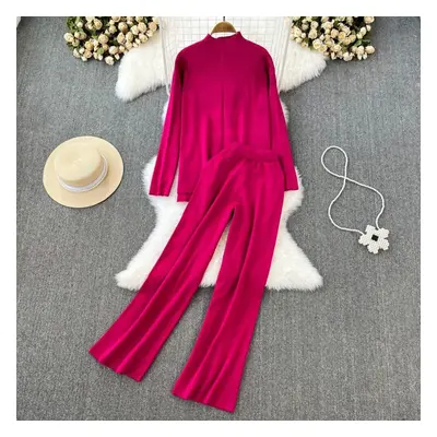 (rose red, One Size) Fashion Collar Loose Long-sleeved Irregular Knit Tops High Waist Thin Strai