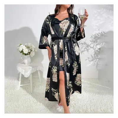 (black, 5XL) Summer Women&apos;s Sleeping Dress Fashion Sexy Printing Plus Size Ice Silk Loose C