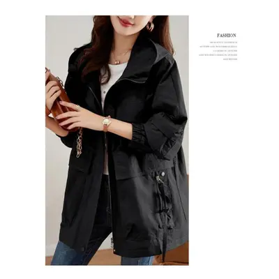 (black, M) Fashionable Plus Size Women&apos;s Mid-length Windbreaker Coat With Hooded For Spring