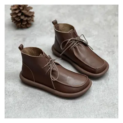 (coffee, 39) Johnature Vintage Genuine Leather Soft Sole Round Toe Lace Up Casual Handmade Versa