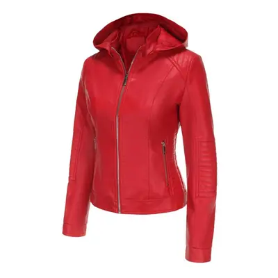 (red, XL) Women's Bomber Jackets Faux Leather Removable Hooded Short Coats Slim Pu Motorcycle Bi