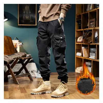 (black, 36) New Winter Cargo Pants Men Multi-pockets Drawstring Fleece Liner Thick Warm Overalls