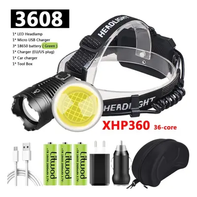 (Package H) 36-core Xhp360 Led Headlamp Super Bright Zoomable Powerbank Headlight Usb Rechargeab