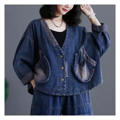 (blue, M) Dimanaf Spring Coat Denim V-neck Short Casual Long Sleeve Jacket Women Loose Blue Patc