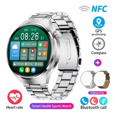 (silver, Silicone+Leather+Steel) New Gps Smart Watch Men Gt4 Pro 360*360 Hd Screen Heart Rate Bl