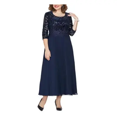 (navy blue, 3XL) Beautiful Maxi Dress Half Sleeve Workwear Noble Temperament Embroidery Lace Chi