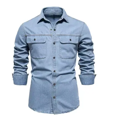 (light blue, EUR 65-75kg) Aiopeson 100% Cotton Men Denim Shirts Double Pocket Casual Cowboy Mens