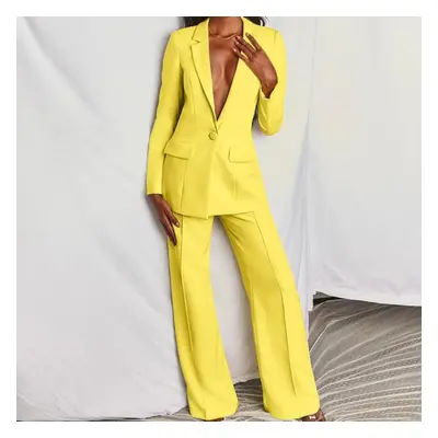 (yellow, S) Autumn Solid Color Women&apos;s Fashion Temperament Long-sleeved Suit Straight Trous