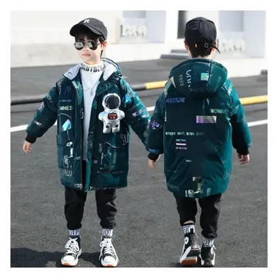 (green, 150) Children&apos;s Plus Size Outdoor Paike Coat Winter Cute Plus Velvet Thick Long Hoo