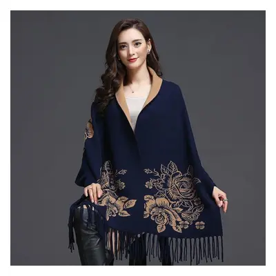 (navy blue, One Size) New Cashmere Tassel Poncho Shawl Dual-purpose Scarf Women Knitted Sweater 