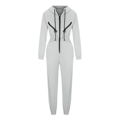 (white, S) Women Solid Color Bodysuit Long Sleeve Hooded O Neck Hoodies Suit Autumn Winter Loose