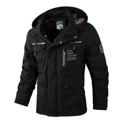 (black, L) Men Zipper Buttons Placket Casual Windbreaker Jacket Lapel Hooded Long Sleeve Multi P