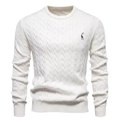 (white, 75-85 kg) Aiopeson Mens Giraffe Embroidery Cotton Sweaters Round Neck Classic Twist Patt