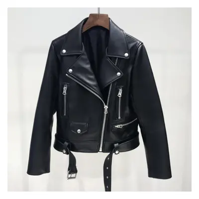 (black, L) Autumn Women Pu Leather Jacket Zipper Belt Short Coat Female Motorcycle Black Faux Le