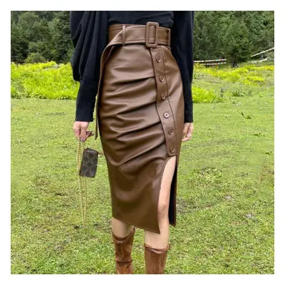 (coffee, M) Sexy And Chic Leather Skirt For Women With High Waist Side Split Skirts