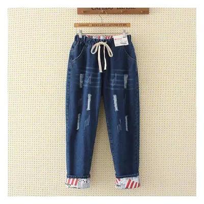 (blue, 4XL) Women Spring And Autumn Large Size High Waist Casual Trousers Loose Hole Jeans Denim